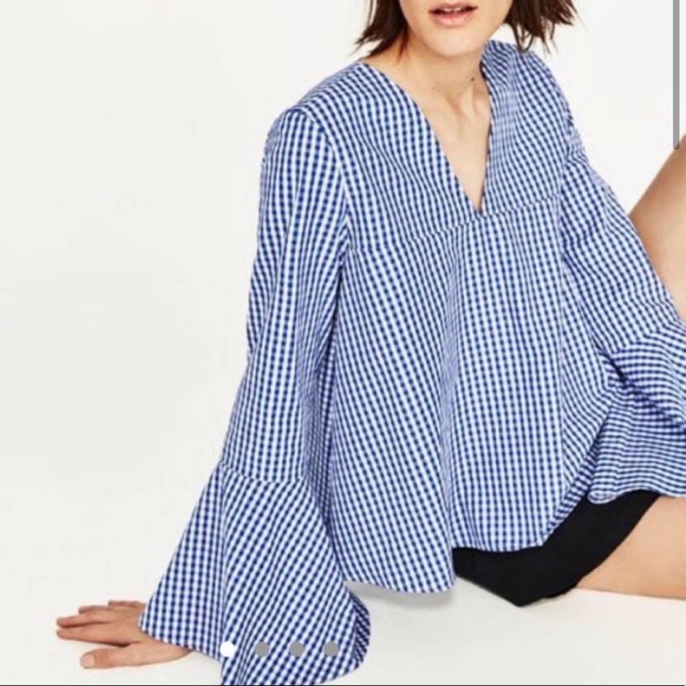 Zara Blue Gingham Woven Blouse Bell Sleeves S